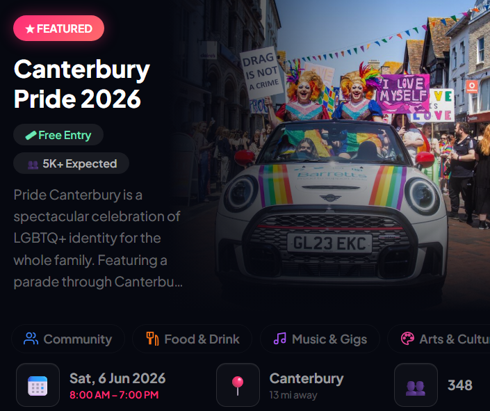 Nearr event detail page showing Canterbury Pride 2026