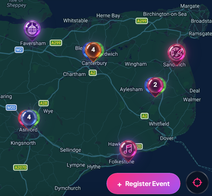 Nearr map view showing local events with colour-coded pins