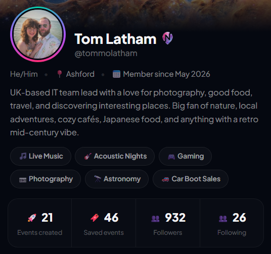 Nearr user profile showing events, followers and interests