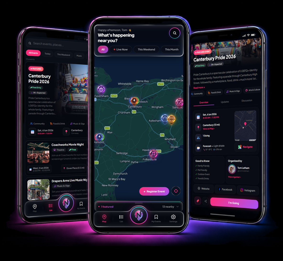 Nearr app showing events on a map, event listings, and event details